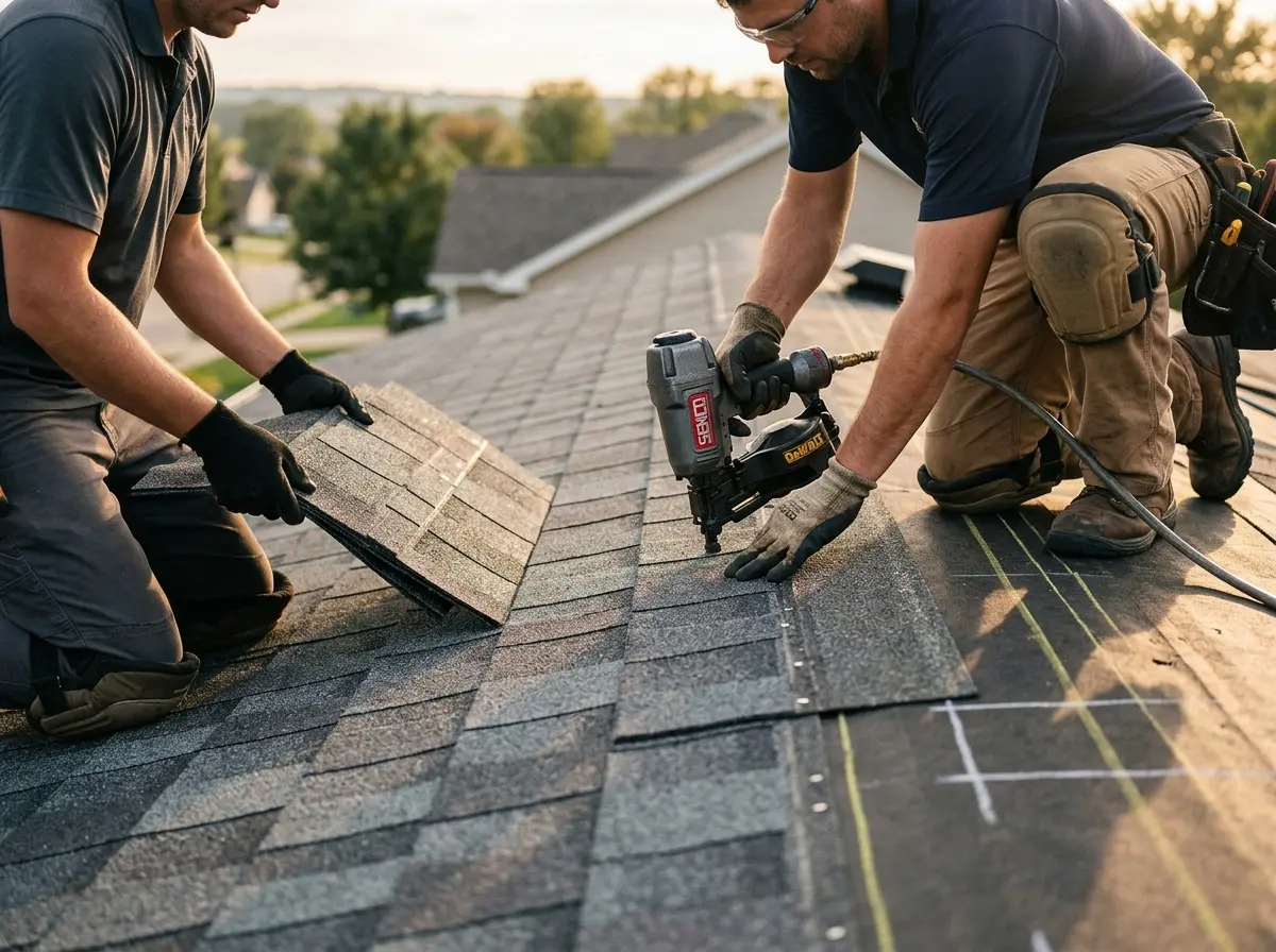 Professional roofer working on a residential roof in Elgin